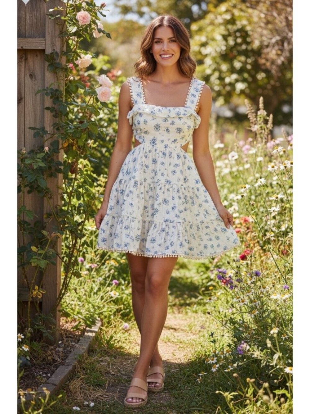 MABLE Demi Floral Cutout Mini Dress M Blue White Cottagecore Boho Sundress